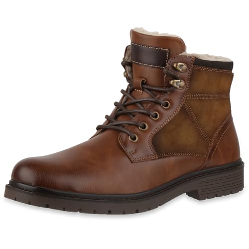 VAN HILL Herren Worker Boots Blockabsatz Profilsohle Bequem Schuhe 217828 Braun 42 von VAN HILL