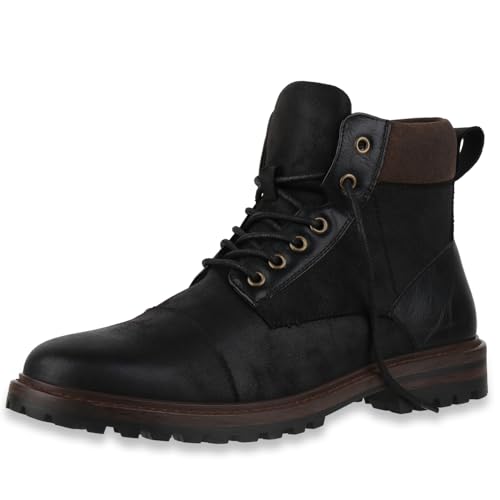 VAN HILL Herren Worker Boots Blockabsatz Profilsohle Bequem Schuhe 217829 Schwarz 42 von VAN HILL