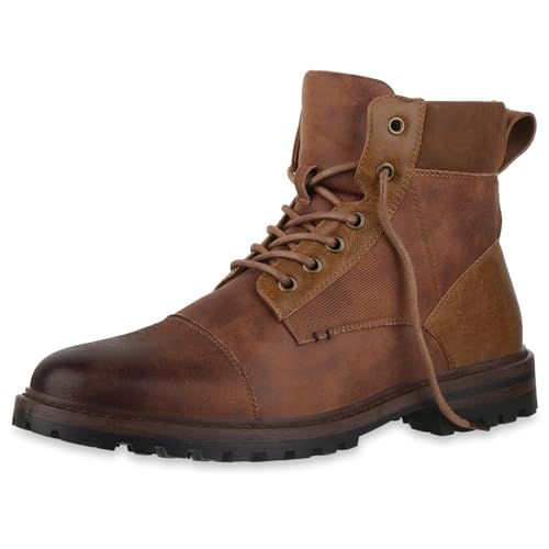VAN HILL Herren Worker Boots Blockabsatz Profilsohle Bequem Schuhe 217830 Braun 46 von VAN HILL