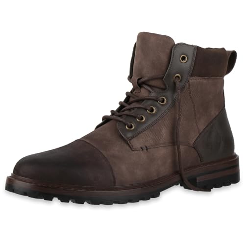 VAN HILL Herren Worker Boots Blockabsatz Profilsohle Bequem Schuhe 217831 Dunkelbraun 46 von VAN HILL