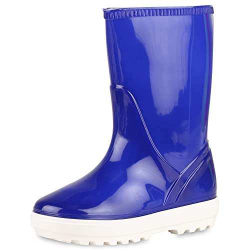 VAN HILL Kinder Gummistiefel Stiefel Blockabsatz Schuhe Lack Schlupfschuhe Plateau Vorne Boots Profilsohle Kunststoff Booties 202796 Blau Lack 29 von VAN HILL