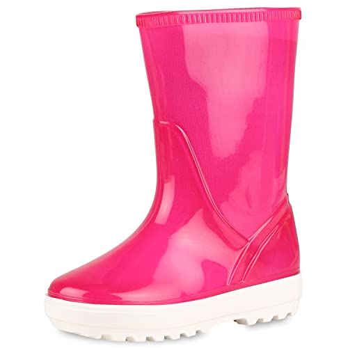 VAN HILL Kinder Gummistiefel Stiefel Blockabsatz Schuhe Lack Schlupfschuhe Plateau Vorne Boots Profilsohle Kunststoff Booties 202799 Fuchsia Lack 33 von VAN HILL