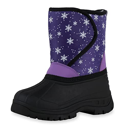 VAN HILL Kinder Warm Gefütterte Winter Boots Bequeme Blockabsatz Schuhe Profilsohle Booties Prints Winterschuhe 610473 Lila Helllila Schwarz Muster 30 von VAN HILL