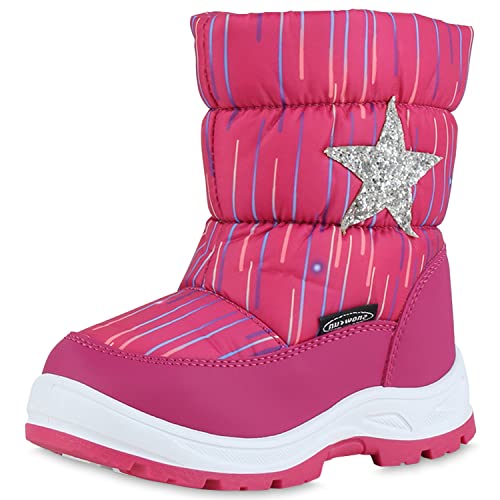 VAN HILL Kinder Warm Gefütterte Winter Boots Bequeme Glitzer Gesteppte Schuhe Flache Profilsohle Winterschuhe 210924 Fuchsia Silber Muster 27 von VAN HILL