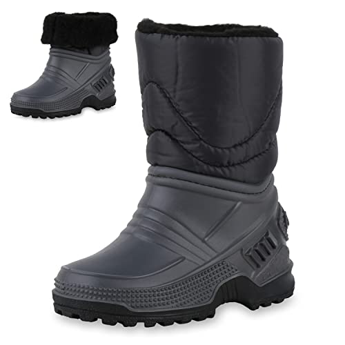 VAN HILL Kinder Warm Gefütterte Winter Boots Bequeme Profilsohle Stiefel Blockabsatz Kunstfell Plateauschuhe Gesteppte Schuhe 610480 Grau Schwarz 22 von VAN HILL