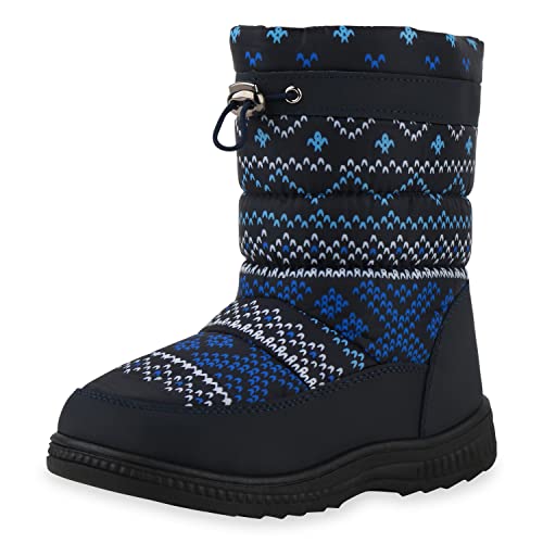 VAN HILL Kinder Warm Gefütterte Winter Boots Bequeme Profilsohle Stiefel Gesteppte Booties Freizeit Prints Schuhe 610476 Dunkelblau Hellblau Weiss Muster 33 von VAN HILL