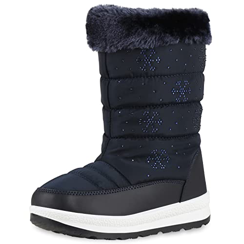 VAN HILL Kinder Warm Gefütterte Winter Boots Flache Stiefel Bequeme Strass Winterschuhe Outdoor Schuhe Gesteppte Prints Booties 202786 Dunkelblau Muster 33 von VAN HILL