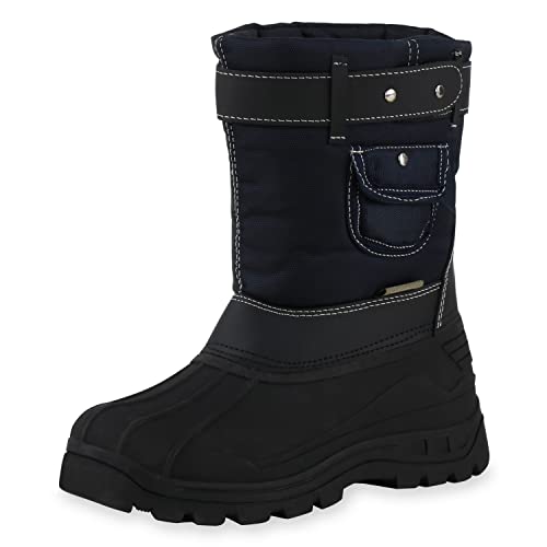 VAN HILL Kinder Warm Gefütterte Winter Boots Nieten Stiefel Bequeme Klettverschluss Winterschuhe Profilsohle Schuhe 610474 Schwarz Dunkelblau Black 29 von VAN HILL