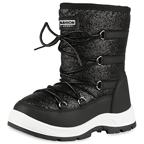 VAN HILL Kinder Warm Gefütterte Winter Boots Stiefel Blockabsatz Schuhe Bequem Glitzer Schnürer Profilsohle Winterschuhe 202790 Schwarz 34 von VAN HILL