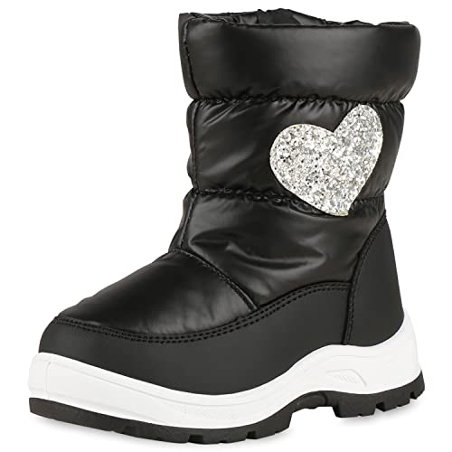 VAN HILL Kinder Warm Gefütterte Winter Boots Stiefel Blockabsatz Schuhe Gesteppte Outdoor Booties Bequeme Glitzer Winterschuhe 202800 Schwarz 23 von VAN HILL