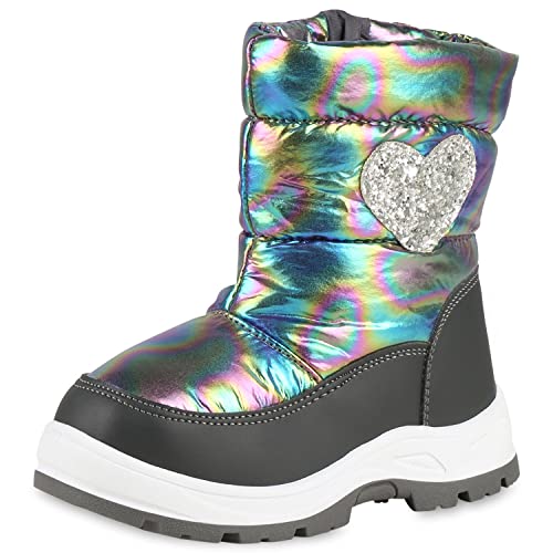 VAN HILL Kinder Warm Gefütterte Winter Boots Stiefel Blockabsatz Schuhe Gesteppte Outdoor Booties Bequeme Glitzer Winterschuhe 202801 Grau Holo 23 von VAN HILL