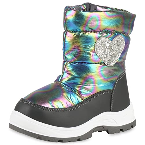 VAN HILL Kinder Warm Gefütterte Winter Boots Stiefel Blockabsatz Schuhe Gesteppte Outdoor Booties Bequeme Glitzer Winterschuhe 202801 Grau Holo 24 von VAN HILL