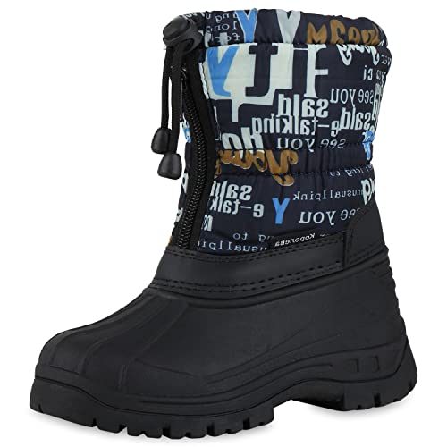 VAN HILL Kinder Warm Gefütterte Winter Boots Stiefel Flache Prints Schuhe Bequeme Profilsohle Freizeit Winterschuhe 210608 Dunkelblau Khaki Muster 29 von VAN HILL