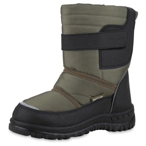 VAN HILL Kinder Winter Boots Flach Profilsohle Bequem Schuhe 214129 Olivgrün Schwarz 34 von VAN HILL