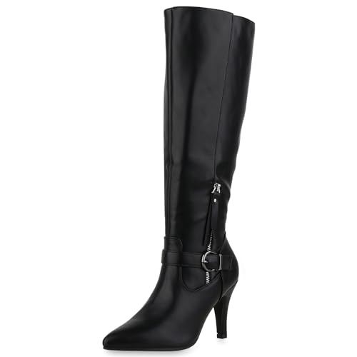 VAN HILL Klassische Stiefel Damen Boots Leder-Optik High Heels Schnallen 611520 Schwarz 36 von VAN HILL