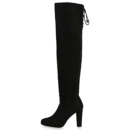VAN HILL Modische Damen Stiefel Overknees Schleifen Perlen Absatz Schuhe 610425 Schwarz 38 von VAN HILL