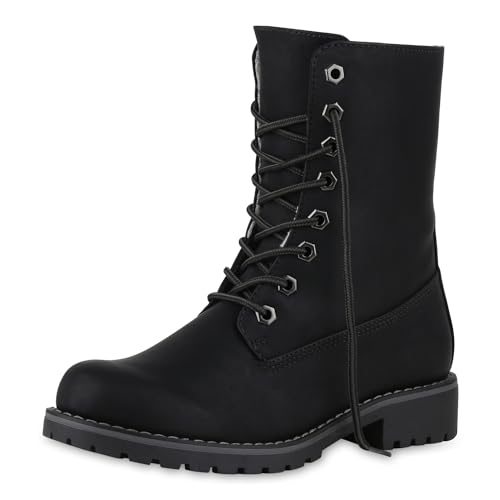 VAN HILL Schnürstiefeletten Damen Warm Gefütterte Stiefeletten Stiefel 610575 Schwarz 36 von VAN HILL