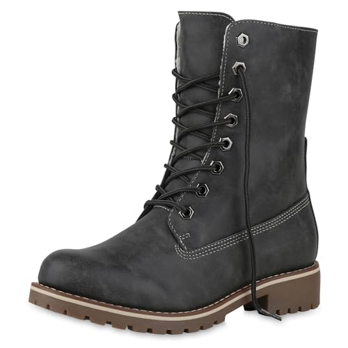 VAN HILL Schnürstiefeletten Damen Warm Gefütterte Stiefeletten Stiefel 610578 Grau 39 von VAN HILL