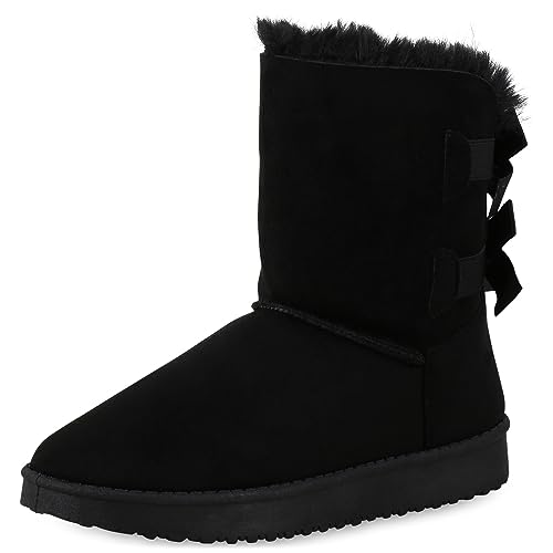 VAN HILL Warm Gefütterte Damen Schlupfstiefel Stiefeletten Schleifen 611502 Schwarz 41 von VAN HILL