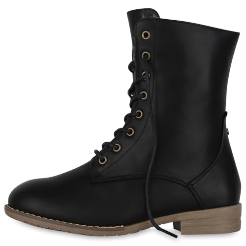 VAN HILL Warm Gefütterte Damen Schnürstiefeletten Leder-Optik Stiefeletten 611593 Schwarz 38 von VAN HILL