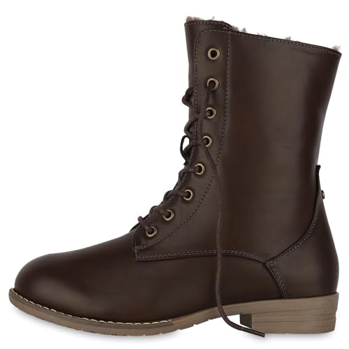 VAN HILL Warm Gefütterte Damen Schnürstiefeletten Leder-Optik Stiefeletten 611594 Dunkelbraun 36 von VAN HILL