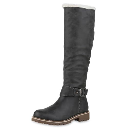 VAN HILL Warm Gefütterte Damen Stiefel Biker Boots Winter Bikerstiefel 610574 Grau 38 von VAN HILL