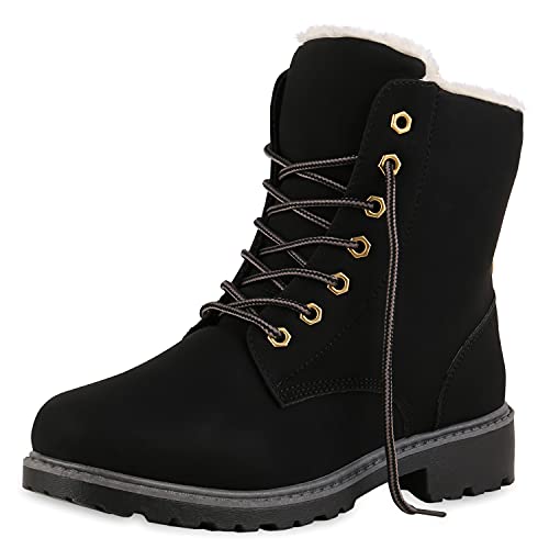 VAN HILL Warm Gefütterte Worker Boots Damen Outdoor Stiefeletten Robust 124552 Schwarz 36 von VAN HILL