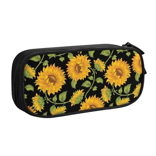 VANANI Federmäppchen mit Sonnenblumenmuster, großes Fassungsvermögen, multifunktionales Federmäppchen, Reißverschluss, tragbares Federmäppchen, Studenten, Bürobedarf., Schwarz , Einheitsgröße, von VANANI