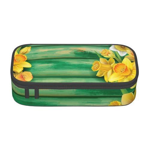 VANANI Gelbe Narzissen Blumen Große Kapazität Federmäppchen Multifunktionales Federmäppchen Schreibwaren Aufbewahrungsbedarf für Büro und Schule, Schwarz , Einheitsgröße, Kosmetiktasche von VANANI