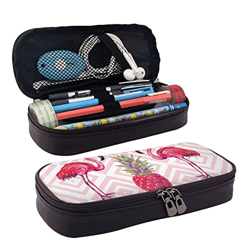 VANANI Rosa Flamingo Ananas Wasserdicht Leder Federmäppchen Multifunktional Federmäppchen Mäppchen für Teenager mit Reißverschluss Geeignet für Schulen und Büros, Schwarz , Einheitsgröße, von VANANI