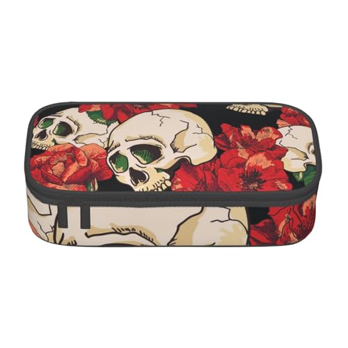 VANANI Totenkopf Rose Rot Große Kapazität Federmäppchen Multifunktionales Federmäppchen Schreibwaren Aufbewahrung Zubehör für Büro und Schule, Schwarz , Einheitsgröße, Kosmetiktasche von VANANI
