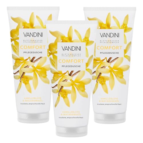 VANDINI 3x COMFORT Pflegedusche Damen 200 ml mit Vanilleblüte & Macadamiaöl - Duschgel für trockene, anspruchsvolle Haut - vegan, ohne Parabene & Silikone, dermatologisch bestätigt, Made in Germany von VANDINI