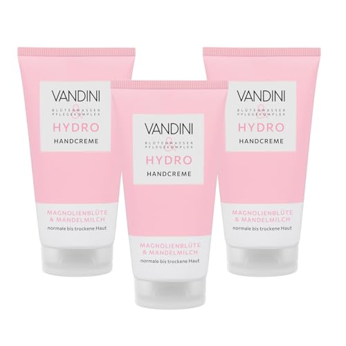 VANDINI 3x HYDRO Handcreme Damen 75 ml mit Magnolienblüte & Mandelmilch - Pflegende Handcreme für normale bis trockene Haut - vegan, ohne Parabene & Silikone, Made in Germany von VANDINI