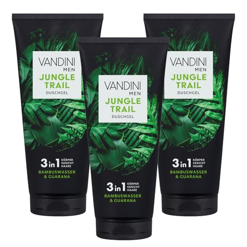 VANDINI 3x MEN JUNGLE TRAIL 3in1 Duschgel für Männer 200 ml mit Bambuswasser & Guarana - 3in1 Herren Duschgel für alle Hauttypen - vegan, ohne Parabene & Silikone, Made in Germany von VANDINI