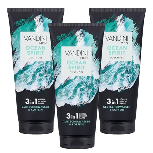 VANDINI 3x MEN OCEAN SPIRIT 3in1 Duschgel für Männer 200 ml mit Gletscherwasser & Koffein - 3in1 Herren Duschgel für alle Hauttypen - vegan, ohne Parabene & Silikone, Made in Germany von VANDINI