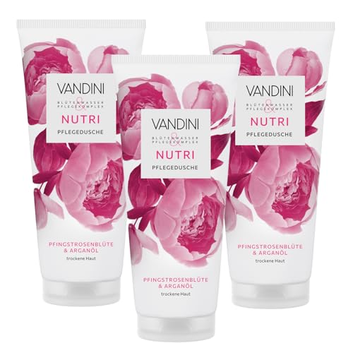 VANDINI 3x NUTRI Pflegedusche Damen 200 ml mit Pfingstrosenblüte & Arganöl - Duschgel für trockene Haut - vegan, ohne Parabene & Silikone, dermatologisch bestätigt, Made in Germany von VANDINI