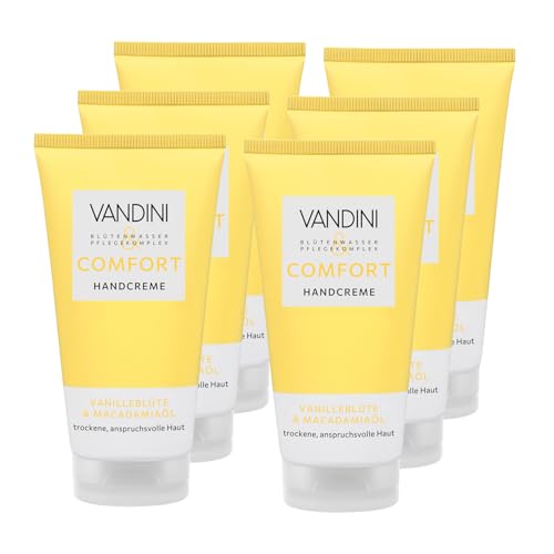 VANDINI 6x COMFORT Handcreme Damen 75 ml mit Vanilleblüte & Macadamiaöl - Handcreme für trockene, anspruchsvolle Haut - vegan, ohne Parabene & Silikone, dermatologisch bestätigt, Made in Germany von VANDINI