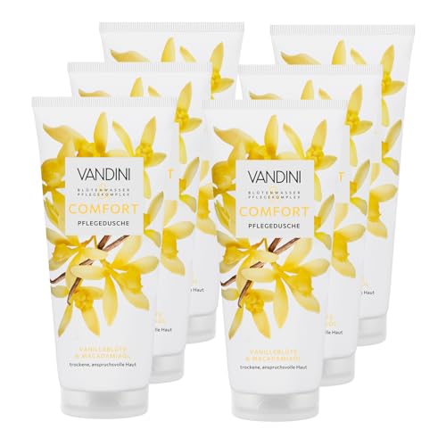 VANDINI 6x COMFORT Pflegedusche Damen 200 ml mit Vanilleblüte & Macadamiaöl - Duschgel für trockene, anspruchsvolle Haut - vegan, ohne Parabene& Silikone, dermatologisch bestätigt, Made in Germany von VANDINI