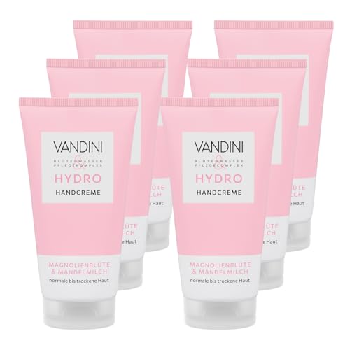 VANDINI 6x HYDRO Handcreme Damen 75 ml mit Magnolienblüte & Mandelmilch - Pflegende Handcreme für normale bis trockene Haut - vegan, ohne Parabene & Silikone, Made in Germany von VANDINI