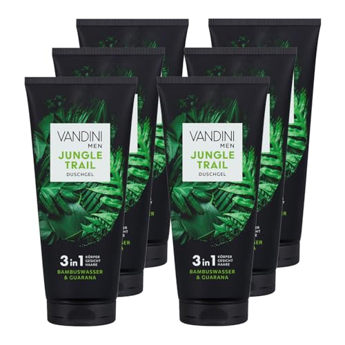 VANDINI 6x MEN JUNGLE TRAIL 3in1 Duschgel für Männer 200 ml mit Bambuswasser & Guarana - 3in1 Herren Duschgel für alle Hauttypen - vegan, ohne Parabene & Silikone, Made in Germany von VANDINI