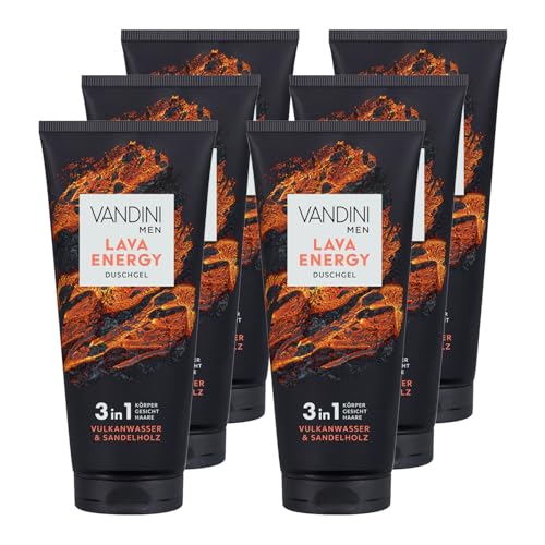 VANDINI 6x MEN LAVA ENERGY 3in1 Duschgel für Männer 200 ml mit Vulkanwasser & Sandelholz - 3in1 Herren Duschgel für alle Hauttypen - vegan, ohne Parabene & Silikone, Made in Germany von VANDINI