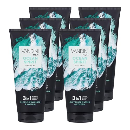 VANDINI 6x MEN OCEAN SPIRIT 3in1 Duschgel für Männer 200 ml mit Gletscherwasser & Koffein - 3in1 Herren Duschgel für alle Hauttypen - vegan, ohne Parabene & Silikone, Made in Germany von VANDINI