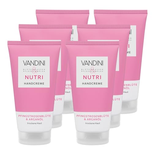 VANDINI 6x NUTRI Handcreme Damen 75 ml mit Pfingstrosenblüte & Arganöl - Handcreme für trockene Haut - vegan, ohne Parabene & Silikone, dermatologisch bestätigt, Made in Germany von VANDINI