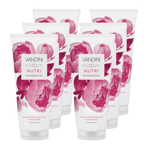 VANDINI 6x NUTRI Pflegedusche Damen 200 ml mit Pfingstrosenblüte & Arganöl - Duschgel für trockene Haut - vegan, ohne Parabene & Silikone, dermatologisch bestätigt, Made in Germany von VANDINI
