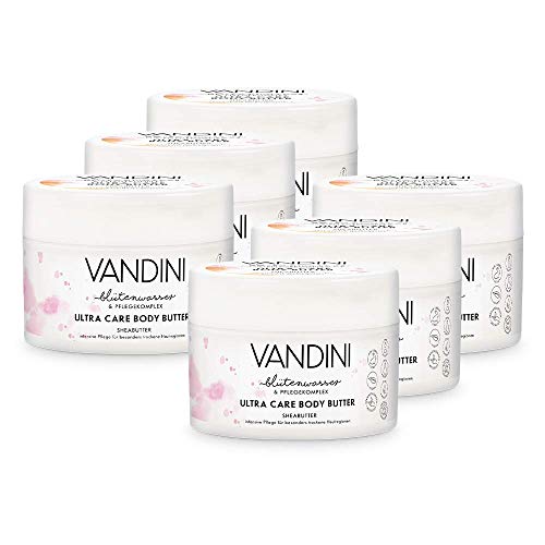 VANDINI Body Butter Damen mit Sheabutter - reichhaltige Body Creme als Körpercreme & Gesichtscreme für trockene Haut - vegane Body Creme für Frauen im 6er Pack (6x 200 ml) von VANDINI