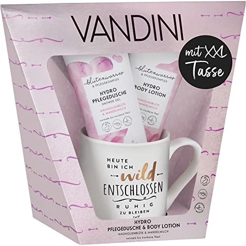 VANDINI Geschenkset mit XXL Tasse - Hydro Pflege Duschgel & Body Lotion für Frauen mit normaler bis trockener Haut - Shower Gel & Bodylotion Beauty Set - Wellness Set, Pflegeset Damen, Körperpflege von VANDINI