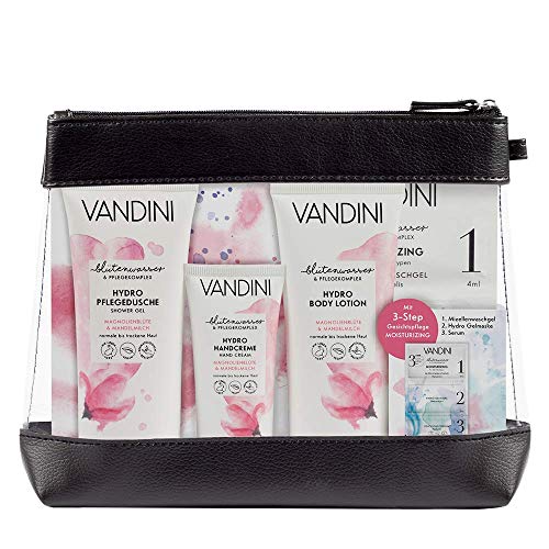 VANDINI Hydro Reise Set Mit Kosmetiktasche Transparent - Kulturbeutel Durchsichtig Mit Body Lotion, Duschgel, Handcreme & Gesichsmaske, Reiseset 381 g von VANDINI