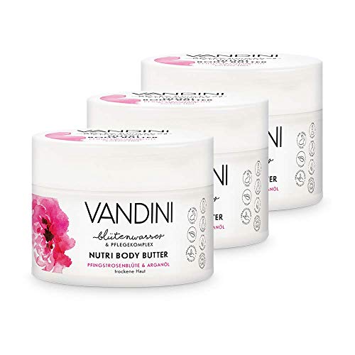 VANDINI Nutri Body Butter Damen mit Pfingstrosenblüte & Arganöl - Body Creme als Körpercreme & Gesichtscreme für trockene Haut - vegane Body Creme für Frauen im 3er Pack (3x 200 ml) von VANDINI