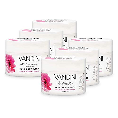 VANDINI Nutri Body Butter Damen mit Pfingstrosenblüte & Arganöl - Body Creme als Körpercreme & Gesichtscreme für trockene Haut - vegane Body Creme für Frauen im 6er Pack (6x 200 ml) von VANDINI