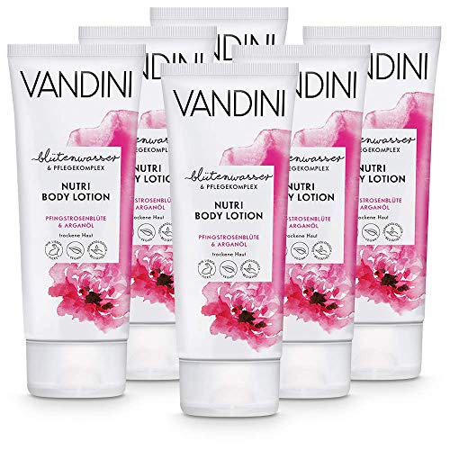 VANDINI Nutri Body Lotion Damen mit Pfingstrosenblüte & Arganöl - Body Lotion für trockene Haut - vegane Body Lotion für Frauen ohne Silikone, Parabene & Mineralöl im 6er Pack (6x 200 ml) von VANDINI